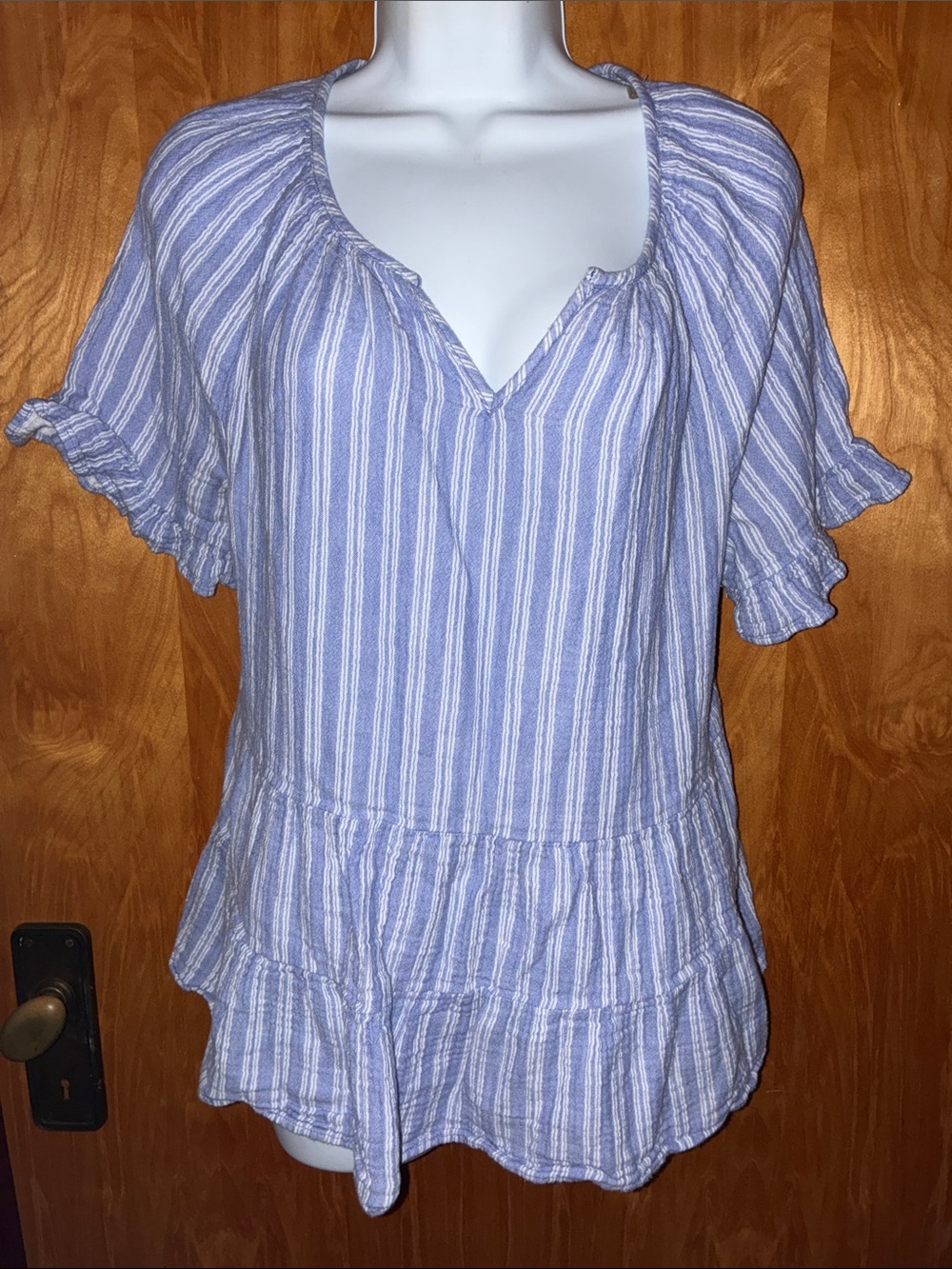 Beach lunch lounge Blue & White Striped Ruffle Top Shirt - Size M